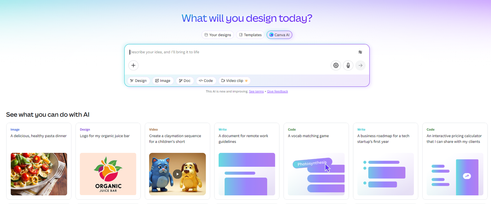 Canva for Education dashboard showing AI tools