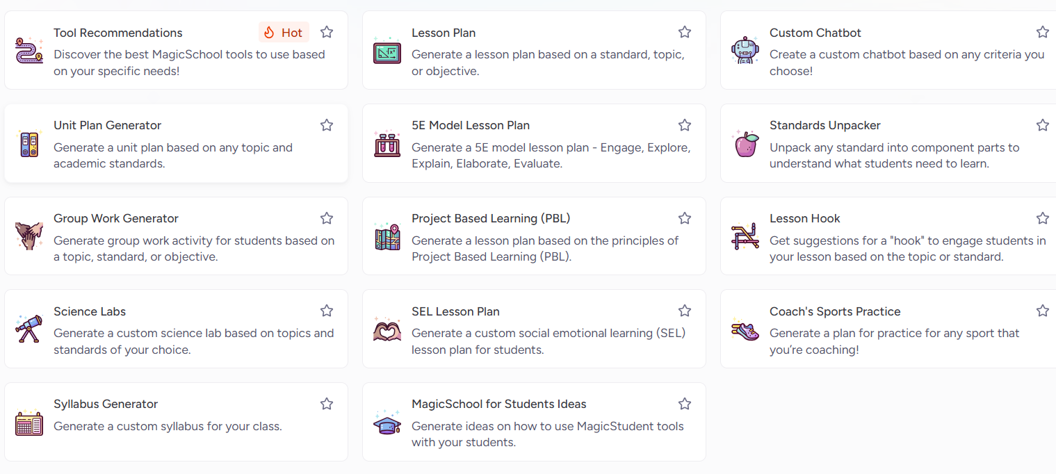 MagicSchool AI dashboard showing 80+ teacher tools
