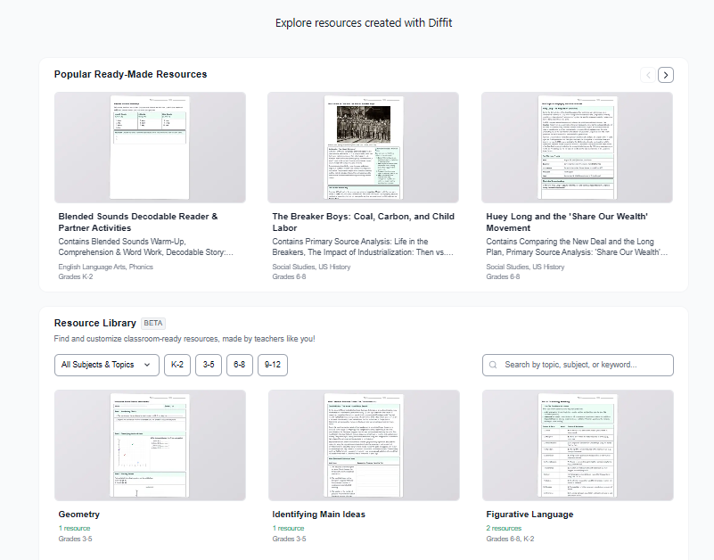 Diffit dashboard screenshot showing differentiated reading resources